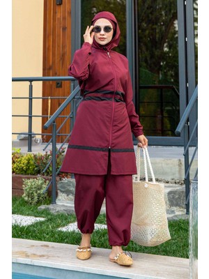 Md Şerit Detaylı Paraşüt Kumaş Tesettür Mayo Bordo