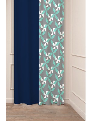 Greendecor Geometrik Çizgi Sade Kare Desenli Özel Tasarım Dijital Baskılı (Tek Kanat) Lacivert Gri Fon Perde
