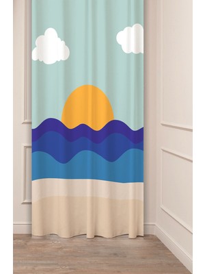 Greendecor Deniz Dalga Bulut Doğa Bohem Desenli Özel Tasarım Dijital Baskılı (Tek Kanat) Lacivert Bej Fon Perde