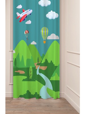 Greendecor Doğa Uçak Balon Paraşüt Özel Tasarım Desenli Dijital Baskılı (Tek Kanat) Çocukodası Modern Fon Perde