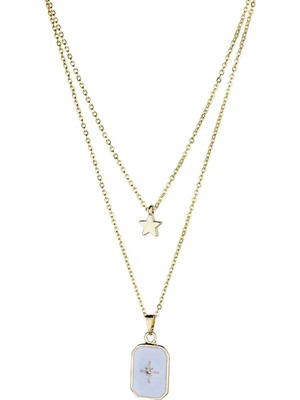 Klips Toptan Mineli Kuzey Yıldızı Detay Çift Zincir Kolye