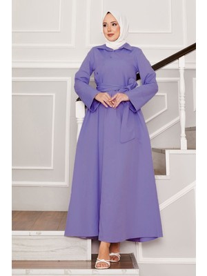 EFL Seyyar Kuşaklı Gömlek Yakalı Elbise Koyu lila