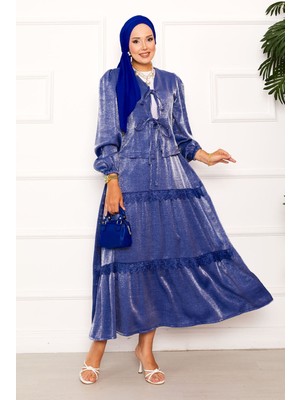 Md Güpür Detaylı Etekli Kimonolu Takım İndigo