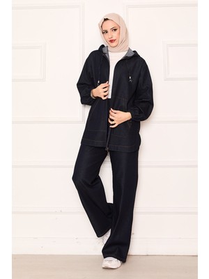 Md Fermuarlı Kanguru Cep Detaylı Kapüşonlu Kot Takım Lacivert