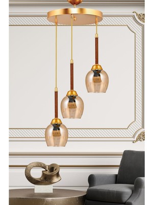 Dede Şık Üçlü Sarkıt Avize, Ceviz ve Bal Cam Detaylarıyla Dekorunuza Zarafet Katın