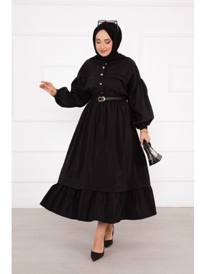 Md Nervür Detaylı Etekli Tesettür Takım Siyah