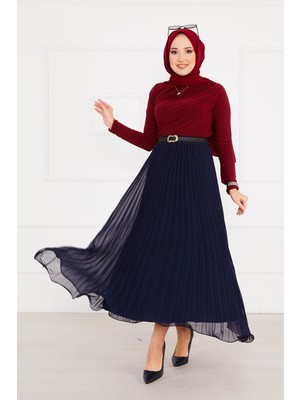 Kç Altı Volanlı Piliseli Tesettür Etek Lacivert
