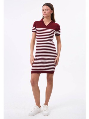 Felix Hardy Kadın Çizgili Kısa Kol Elbise - Bordo