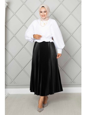Cvn Beli Lastikli Piliseli Tesettür Etek Siyah