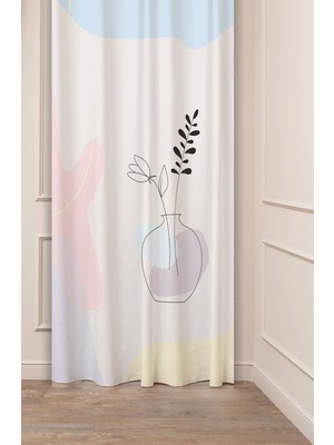 Greendecor Bohem Vazo Çiçek Yaprak Desenli Özel Tasarım Dijital Baskılı (Tek Kanat) Soft Modern Şık Fon Perde