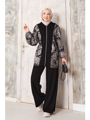 EFL Desen Garnili  Kapüşonlu Oyşo Takım Siyah