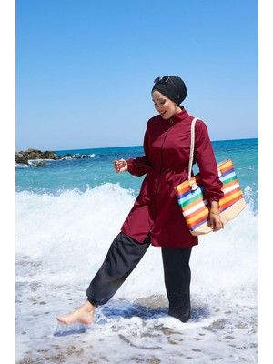 DF Fermuar Detaylı Tesettür Mayo Bordo