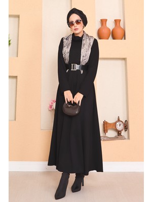 Md Balıkçı Yaka Beli Büzgülü Tesettür Elbise Siyah