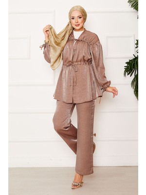 Md Büzgü Detaylı Beli Tünelli Kimonolu Takım Latte