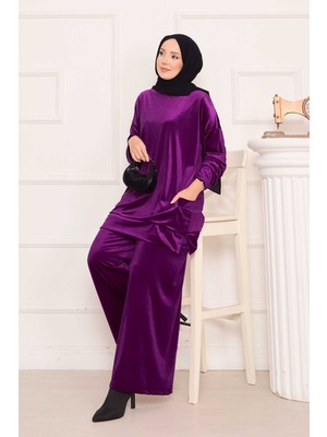 Ozk Cep Detaylı Kadife İkili Takım Mürdüm