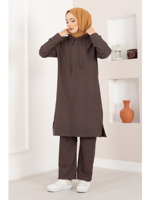 Azr Fitilli Kapüşonlu Tesettür İkili Takım Kahve