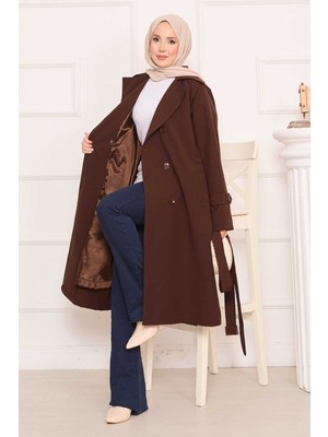 Md Arkası Düğme Detaylı Seyyar Kuşaklı Tesettür Trençkot Kahve