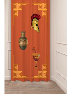 Greendecor Etnik Roma Antika Vazo Asker Mısır Desenli Bohem Özel Tasarım Dijital Baskılı (Tek Kanat) Fon Perde