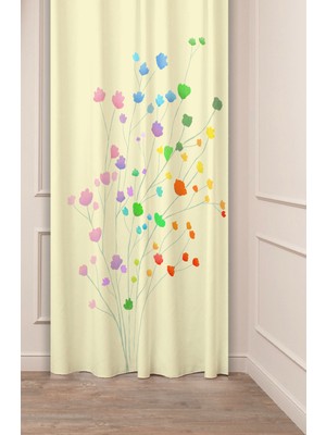Greendecor Çiçekler Yaprak Çizgili Bohem Desenli Özel Tasarım Dijital Baskılı (Tek Kanat) Modern Şık Fon Perde
