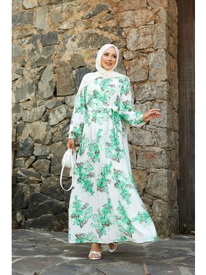 EFL Yandan Bağlamalı Çiçek Desen Modal Elbise Yeşil