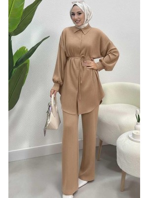 Tesettür Diyarı Kadın Balon Kol Bağcık Detaylı Ikili Takım-Taba