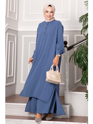 Md Yarım Düğmeli Uzun Tesettür İkili Takım İndigo