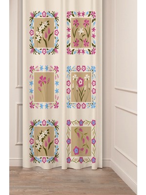 Greendecor Etnik Anadolu Motif Çiçek Pastel Bohem Özel Tasarım Dijital Baskılı (Tek Kanat) Bej Krem Fon Perde