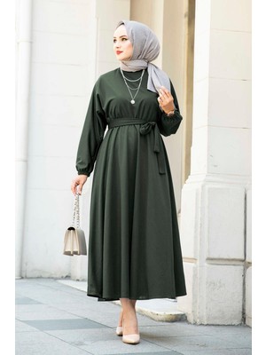 Beli Kuşaklı Tesettür  Elbise 100MD-10528 Haki