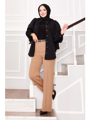 MDS Önü Çımalı Beli Lastikli Palazzo Pantolon Camel