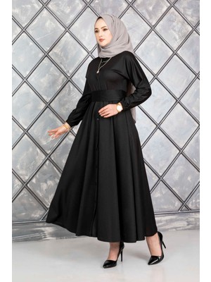 Md Boydan Düğmeli Kuşaklı Tesettür Elbise Siyah