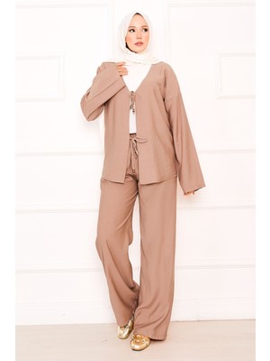 ZNK Önden Bağcık Detaylı Pantolonlu İkili Takım Vizon