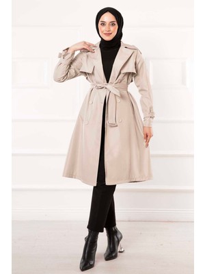 Md Seyyar Kuşaklı Düğme Detaylı Trenç Bej