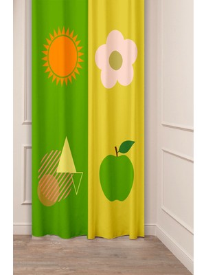 Greendecor Papatya Çiçek Yaprak Güneş Elma Desenli Özel Tasarım Dijital Baskılı (Tek Kanat) Modern Fon Perde