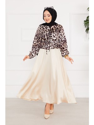 Md Leopar Desenli Tesettür Saten Takım Bej