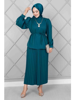 Md Omuzu Düğme Detaylı Tesettür İkili Takım Petrol