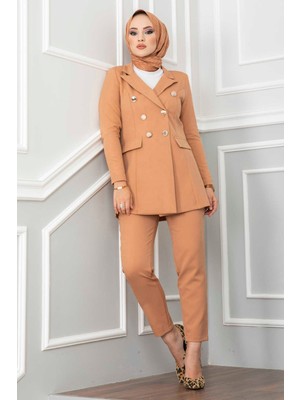 EMD Mendil Yaka Detaylı Tesettür Takım Camel
