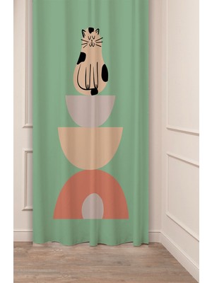 Greendecor Kedi Vintage Bohem Geometrik Çizgi Desenli Özel Tasarım Dijital Baskılı (Tek Kanat) Şık Fon Perde