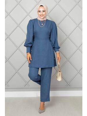 Md Yandan Bağlamalı Keten Tesettür İkili Takım İndigo
