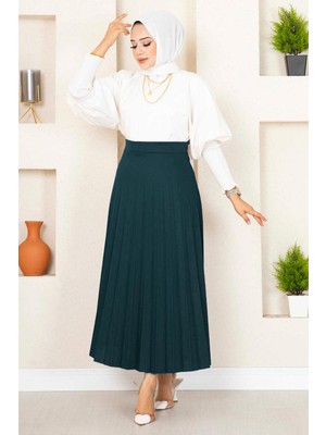 MDS Beli Lastikli Piliseli Tesettür Etek Petrol