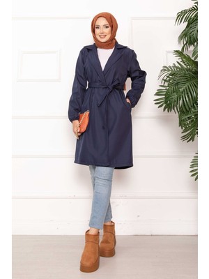 Md Kruvaze Yaka Kuşaklı Relax Trençkot Lacivert