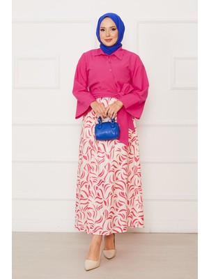 Asm Gömleği Kendinden Kuşaklı Geniş Kol Etekli Takım Pembe