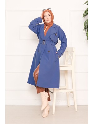 Md Aller Detaylı Seyyar Kuşaklı Tesettür Trençkot Indigo