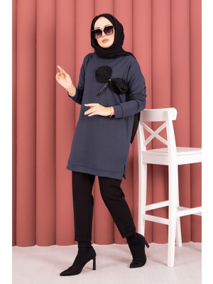 Cvn Fiyonk Detaylı Taş Işlemeli Oyşo Tesettür Tunik Füme
