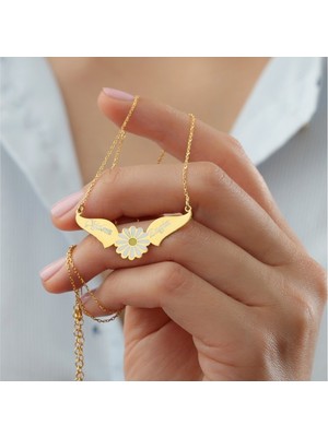 Kadın 925 Ayar Gümüş Kişiye Özel Isimli Kanatlı Papatya Kolye