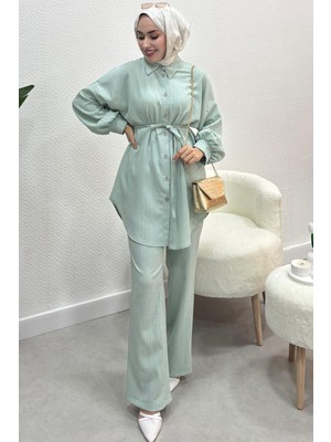 Tesettür Diyarı Kadın Balon Kol Bağcık Detaylı Ikili Takım-Su Yeşili