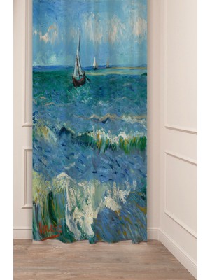 Greendecor Van Gogh Dalga ve Yelkenli Dalgası Deniz Ünlü Tablo Desenli Dijital Baskılı (Tek Kanat) Fon Perde