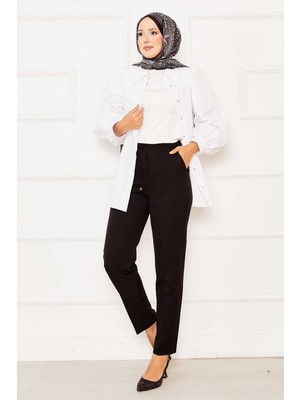 Kç Beli Lastikli Dar Paça Pantolon Siyah