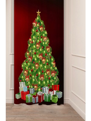 Greendecor Yılbaşı Çam Ağacı Noel Ağacı Kar Yeni Yıl Christmas Desenli Özel Tasarımlı Dijital Baskılı Fon Perde