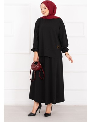 Nz Luvia Gold Armalı Etekli Tesettür Takım Siyah