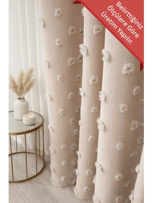 Fluiana Fon Perde Bej Pufy Püsküllü, Ponponlu, Perde Sık Pileli Keten Pano Fon Tek Kanat